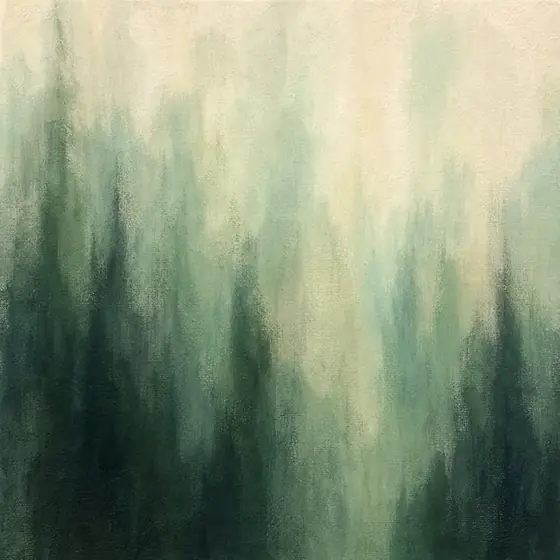 Pintura abstracta de un bosque de coníferas que se disuelve en la niebla